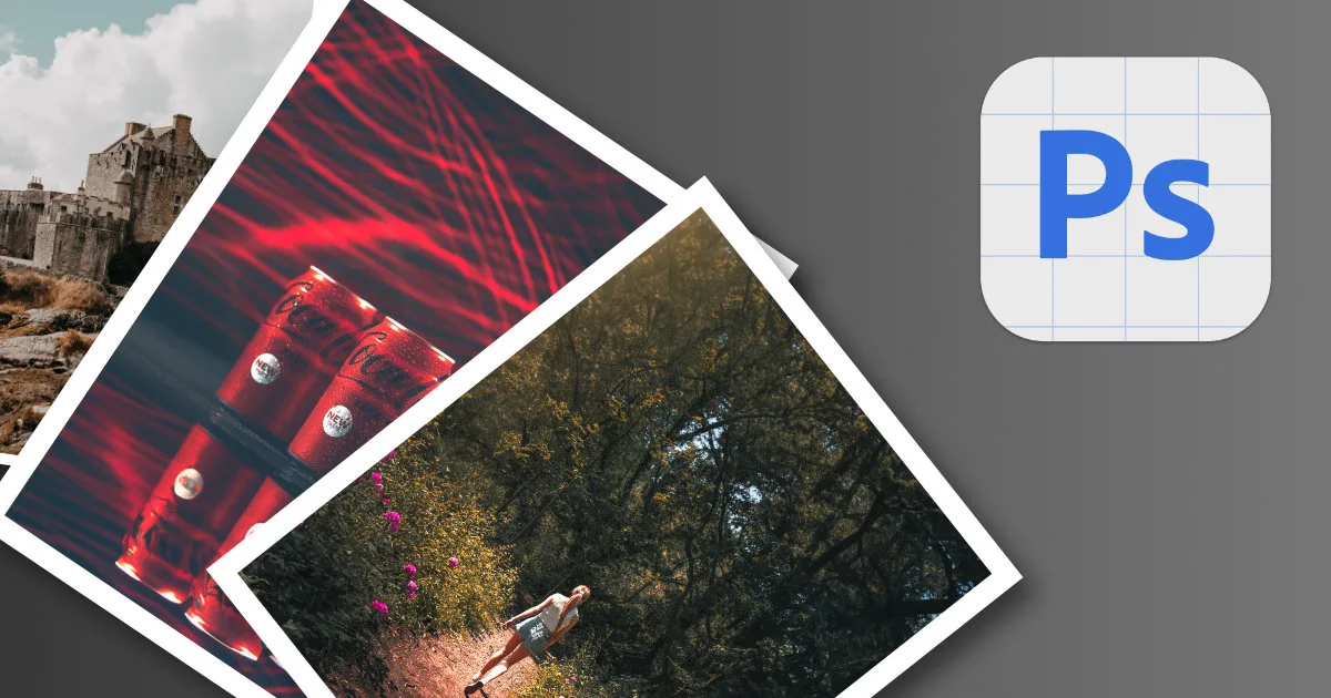 Printed photographs fanned out beside the Photoshop app icon