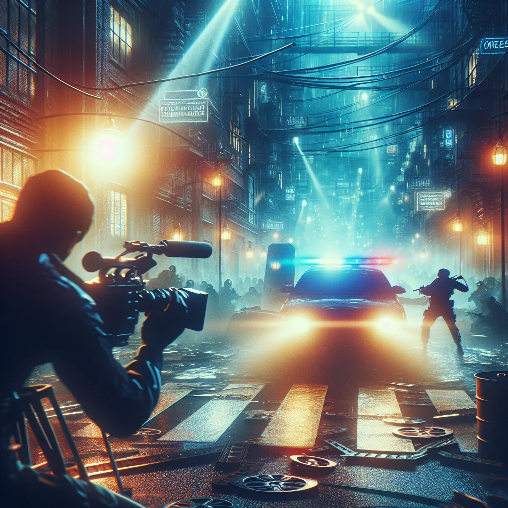 A camera operator filming a rain-soaked night street lit by police lights